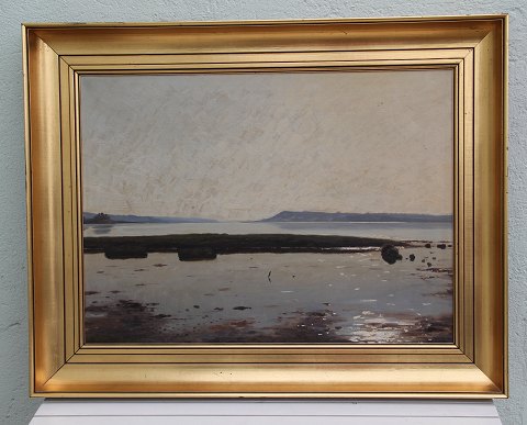 Painting Gunnar Bundgaard Mariager Fjord Oil on Canvas in Golden Frame 66 x 84 
cm