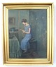 Laura 
Guldbrandsen 
(1866 -) , 
Denmark: A 
young woman 
tries jewelry 
in front of the 
mirror. Oil ...