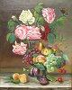 Danish artist 
(19th c.) Still 
life with 
roses, fruits 
and insects. 
Oil on canvas. 
Unsigned. 45 x 
...