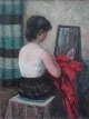 Helme, Helge 
(1894 - 1987) 
Denmark: 
Interior with a 
sewing young 
woman. Oil on 
canvas. Signed 
.: ...