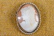 Cameo, adorable 
lady head 
carved from 
conch, mounted 
in gilt frame 
surrounded by 
seed pearls. 
...