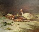 Unknown artist 
(20th 
century.): 
Chicken and 
turkey drinking 
water. Oil on 
canvas. Signed: 
A. ...