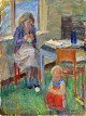 Glysing Jensen, 
Victor (1907 - 
2001) Denmark: 
Interior scene 
with woman 
knitting and a 
child. ...