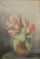 Vermehren, 
Yelva (1878 - 
1980) Denmark: 
Vase with 
tulips on a 
table. Oil on 
canvas. Signed: 
Y. ...