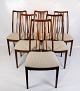A set of six 
dining room 
chairs in 
rosewood, 
upholstered 
with light wool 
fabric, a 
beautiful ...