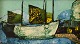 Sven Ahlgren 
(1922-1997), 
Sweden. Oil on 
board. 
Modernist 
landscape with 
fishing boat. 
Dated ...
