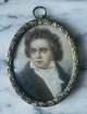Hand-painted 
miniature 
portrait of the 
composer and 
pianist Ludwig 
van Beethoven 
(1770-1827) ...