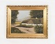 Oil painter of 
farmhouse in 
forest, painted 
on a wooden 
plate from 
around 1930s. 
In very good 
...
