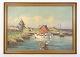 The large oil 
painting on 
canvas of 
fishing boats 
near the coast 
from around the 
1930s is a ...