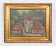 Oil painting on 
canvas with 
motif of 
building and 
forest with 
gold frame from 
around the ...
