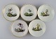 Five antique 
Royal 
Copenhagen 
porcelain bowls 
with 
hand-painted 
landscapes and 
gold 
decoration. ...