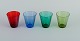 Lennart Rosén 
for Reijmyre, 
four colored 
"Lorry" vodka 
glasses.
Art glass. 
Swedish ...