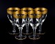 Rimpler 
Kristall, 
Zwiesel, 
Germany, five 
hand blown 
crystal red 
wine glasses 
with gold rim 
...