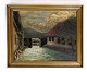 Painting on 
canvas in gold 
frame of town 
house and water 
in blue colors 
from around the 
...