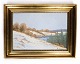 Painting on 
canvas in gold 
frame of 
landscape with 
snow and white 
colors from 
around the ...