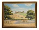Painting on the 
canvas in a 
gold frame of a 
landscape motif 
in yellow and 
blue colors 
from ...