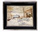Painting on 
wood in antique 
frame of small 
houses and 
landscape with 
snow from 
around the ...