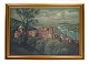 Painting on the 
canvas in a 
gold frame 
motif of a 
large village 
from around the 
...