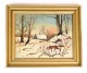 Painting on 
canvas in gold 
frame of small 
houses and 
landscape with 
snow from 
around the ...