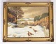 Painting on 
canvas in 
antique frame 
of small houses 
and landscape 
with snow from 
around the ...