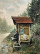 Allan Karms 
(1933-2021), 
Oil painting on 
canvas. Written 
on the back: 
Mælkeskuret, 
Finland 1984. 
...