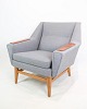 Armchair of 
Danish design 
with oak frame 
and teak arms, 
newly 
upholstered in 
gray Hallingdal 
...