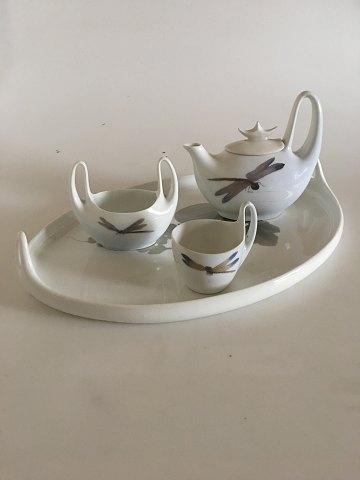 Very Rare Royal Copenhagen Art Nouveau Coffee Set with Pot, Cup, Sugar Bowl and 
Tray No 4 with Dragonflies