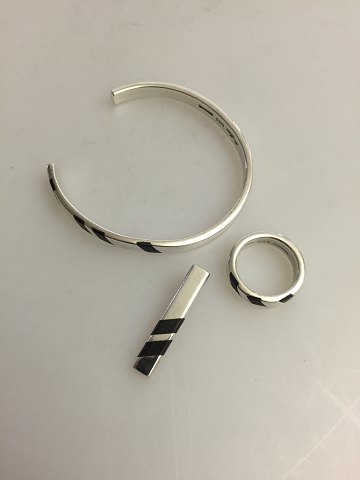 Hans Hansen Sterling Silver Ring, Armring and Pendant with Black Enamel