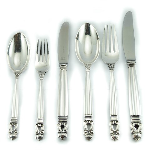 Georg Jensen, Johan Rohde; Konge/Acorn silver cutlery, complete for 12 pers.