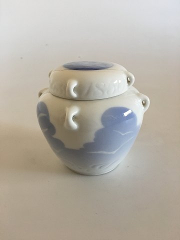 Royal Copenhagen Lidded Jar with Seagull and Ship Motif and Tiny Handles