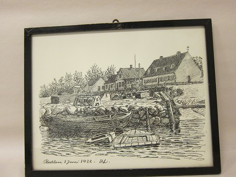 Print by Johannes Larsen, the Danish painter from Fyn 
Distinct specification for the geographic location of the subject made: Ballen 
1. juni 1922, JL