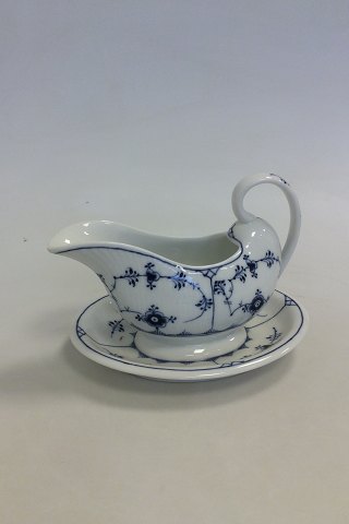 Royal Copenhagen Blue Fluted Plain Gravy Boat with attached underplate No 201