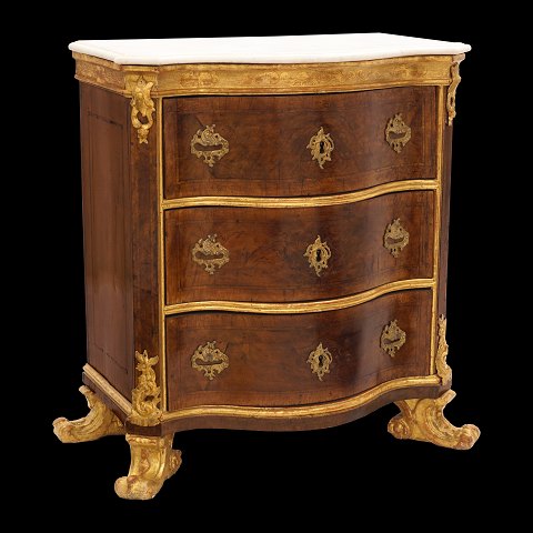 An 18th century waltnus and giltwood commode. 
Denmark circa 1750. H: 86cm. W: 77cm. D: 46cm