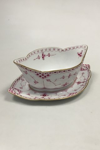 Royal Copenhagen Blue Fluted Red Ruby/Pink with Gold Edge Half Lace Sauce Boat 
No 2/587