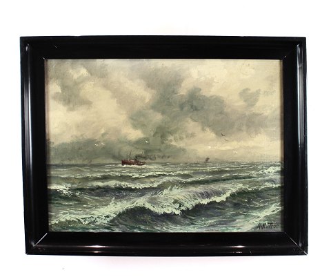 Oil painting with ocean motif and black wooden frame signed A. N. Tpur.
5000m2 showroom.