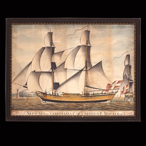 Skibsakvarel forestillende "Neptunus fra 
Christiania Capt Chresten P Moller 1795". 
Hidrørende fra kaptajnsgård på Rømø. Lysmål: 
47x64cm. Med ramme: 53x70cm