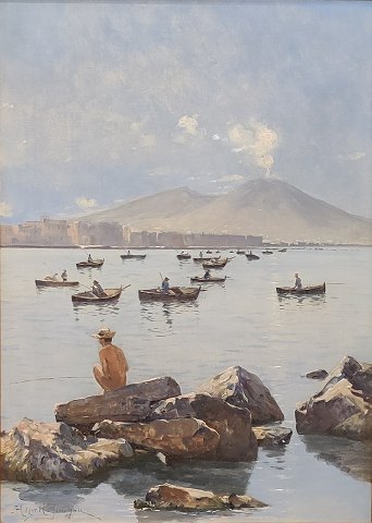 Holger H. Jerichau; An oil painting, Golfo di Napoli seen with Vesuv