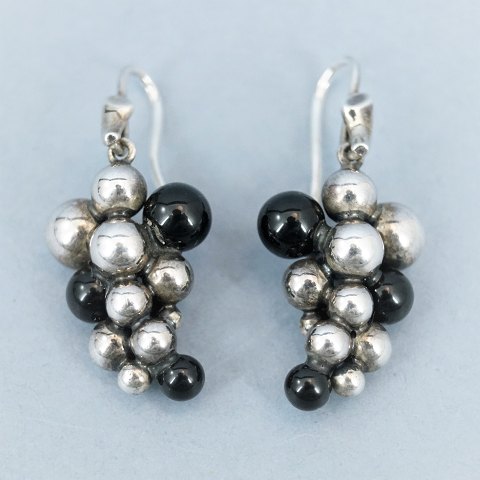 Georg Jensen; Moonlight grapes ear rings of sterling silver set with onyx