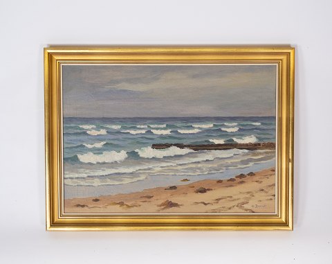 Oil painting with beach motif and gilded frame signed A. Brener by Arthur Brener 
1886-1956.
5000m2 showroom.
