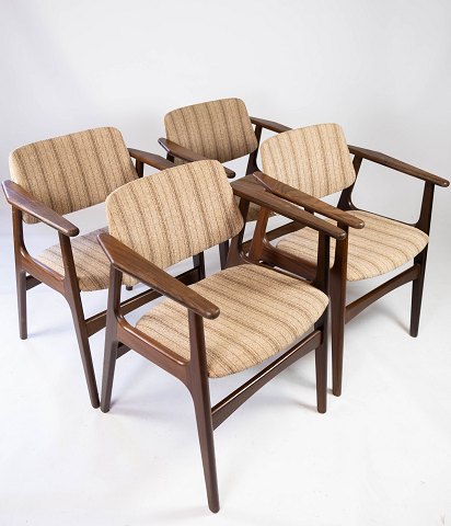 Set Of Four Dining Room Chairs - Teak - Model "Lene" - Striped Fabric - Arne 
Vodder - 1960s