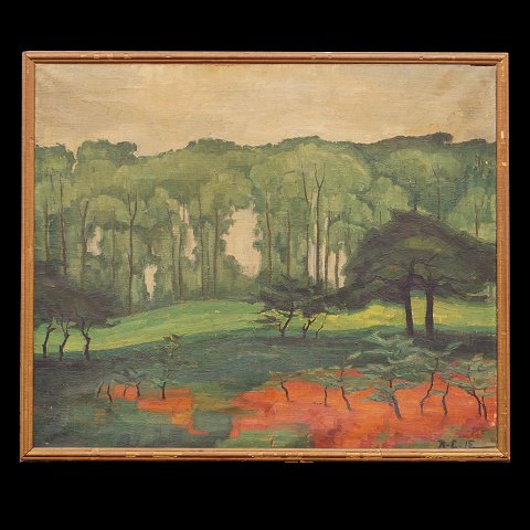 Olaf Ripcke-Edsberg, 1879-1946, Öl auf Leinen. 
Waldpartie. Signiert und datiert 1915. Lichtmasse: 
76x91cm. Mit Rahmen: 81x96cm