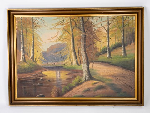 Oil painting with nature motif and wooden frame, signed Højby from the 1930s. 
5000m2 showroom.