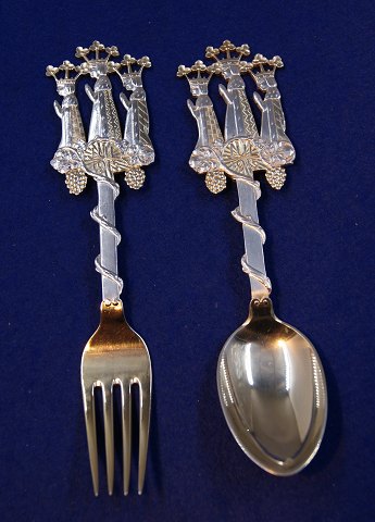 Michelsen set Christmas spoon and fork 1915 of Danish gilt silver
