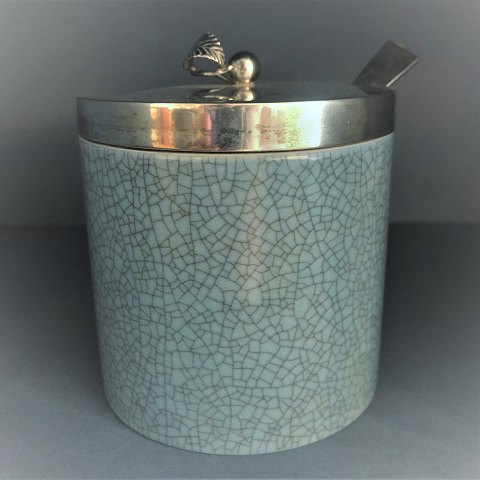 Royal Copenhagen; craquele marmelade jar with silver lid and spoon #3620