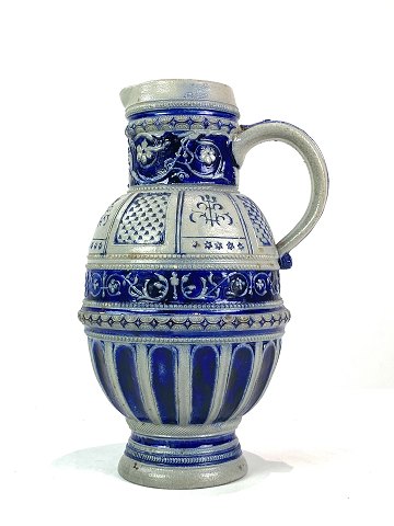 Ceramic jug in grey and blue colours, numbered 58, from around the 1940s. 
5000m2 showroom.
Great condition
