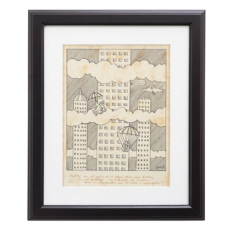 Storm P tegning.
Robert Storm Petersen, 1882-1949, tegning. Dagbog 
fra Politiken 29.11.44 vedr. opførsel af højhuse 
ved Bellahøj. 
Lysmål: 39x29cm. Med ramme: 58x48cm
