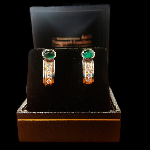 Frantz Hingelberg; Ear rings in 18k gold and white gold set with emerald and 
diamonds