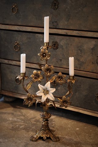 French 1800 century church candlestick in gilded bronze for 3 candle decorated 
rare white lily porcelain flower...