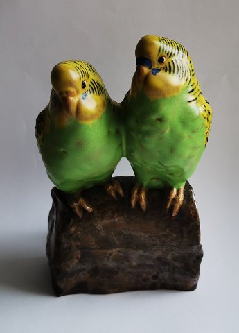 Jeanne Grut: Aluminia figurine. Pair of green budgies