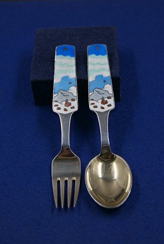 Michelsen set Christmas spoon and fork 1963 of Danish gilt sterling silver